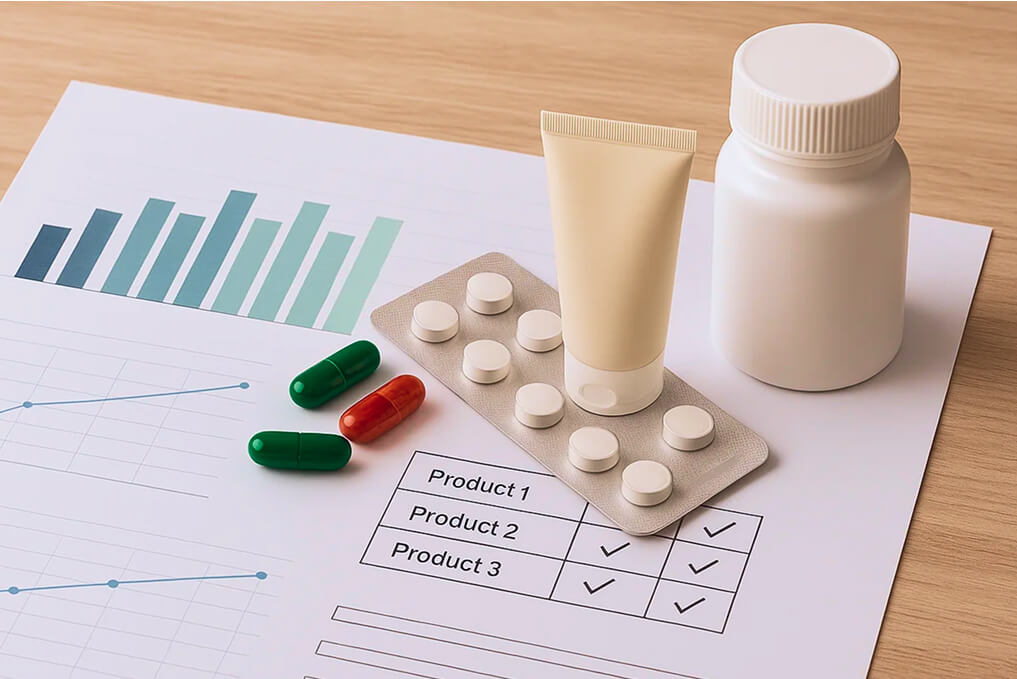 Comprimés, médicaments et graphiques sur une table.