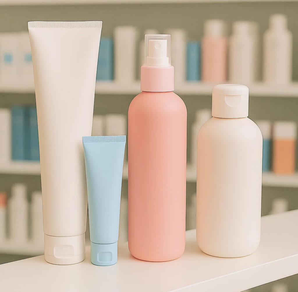 Quatre bouteilles cosmétiques sur une étagère.
