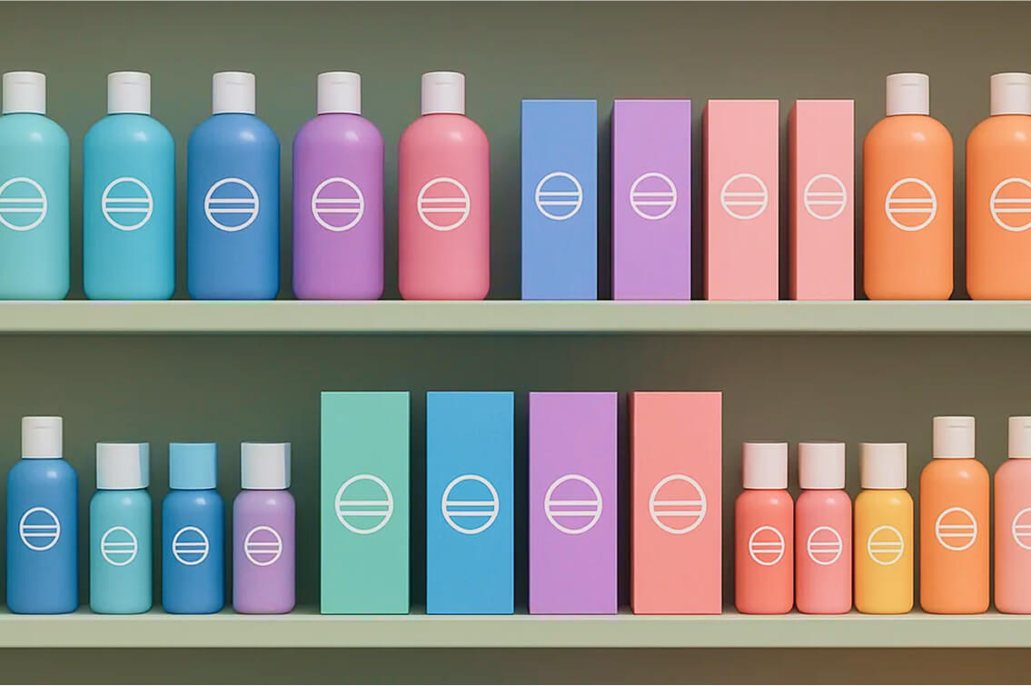 Étagères remplies de bouteilles colorées de cosmétiques.