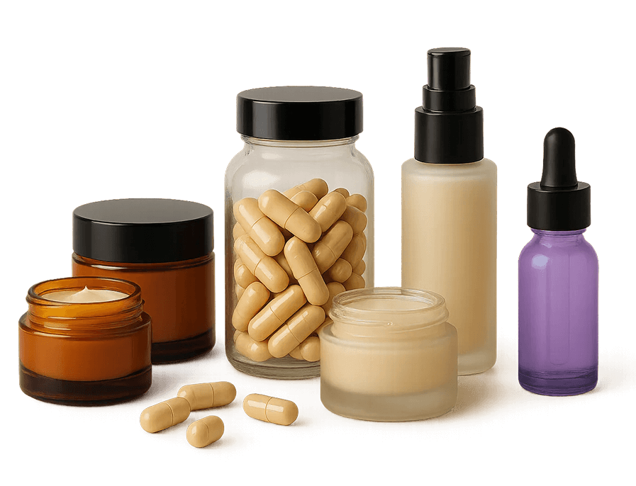 Produits de beauté et bien-être en flacons variés.