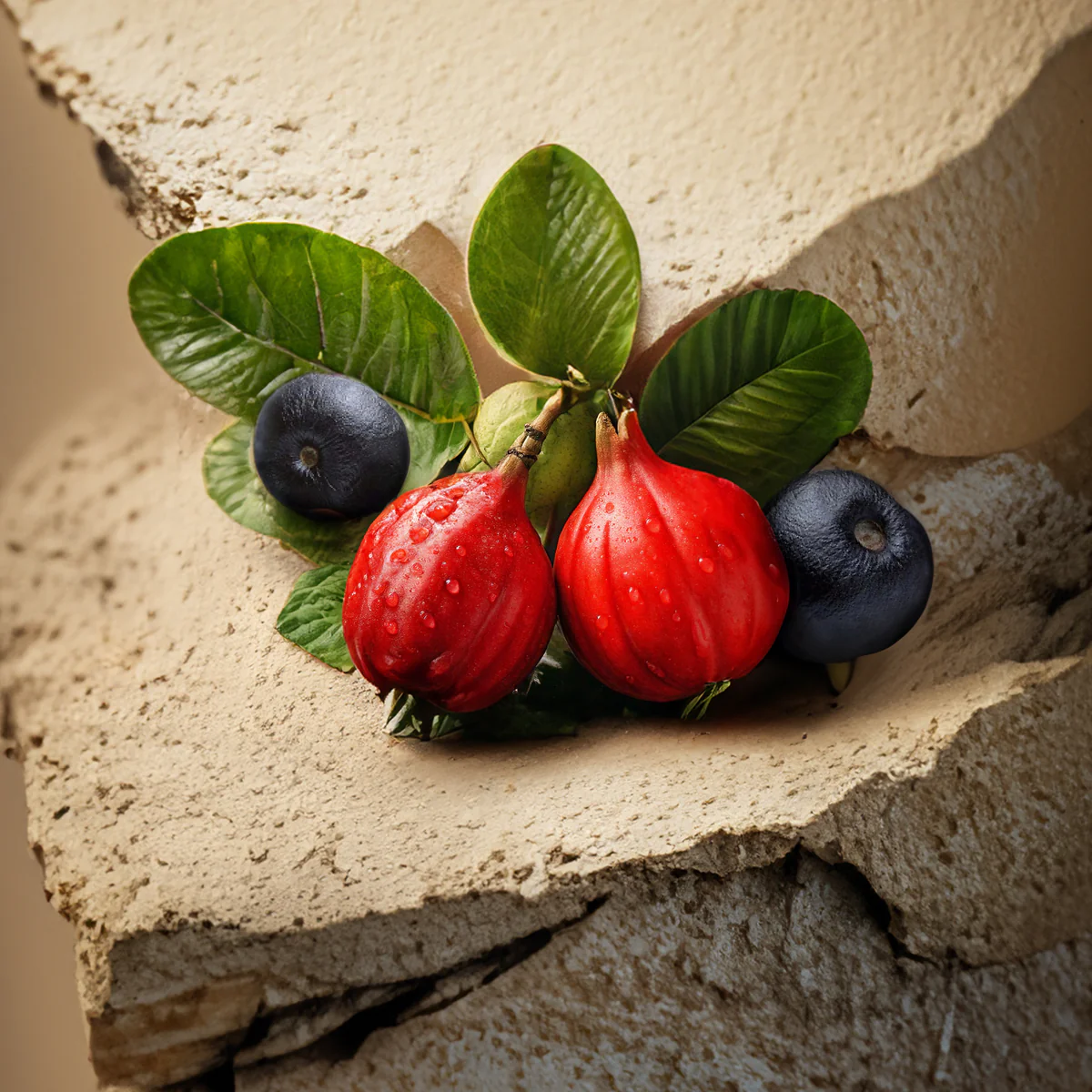 Fruits exotiques rouges et bleus sur feuilles vertes.