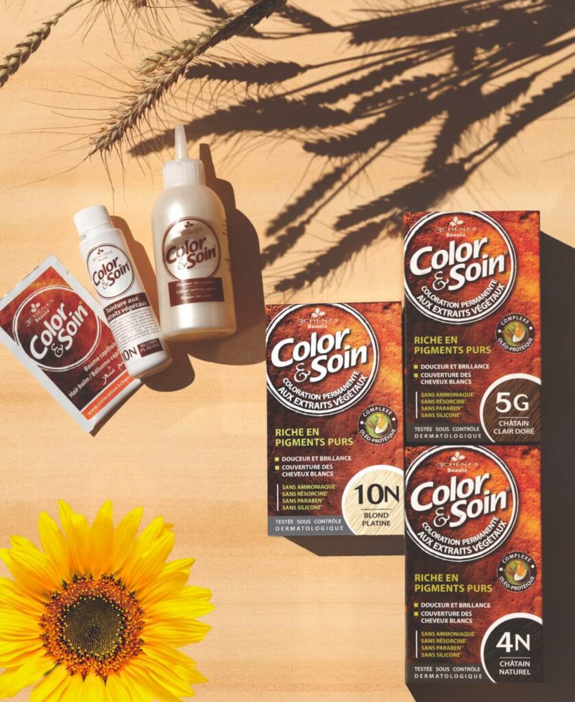 Produits Color & Soin avec tournesol et épis de blé.