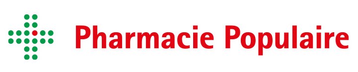 Logo Pharmacie Populaire, croix verte et texte rouge.