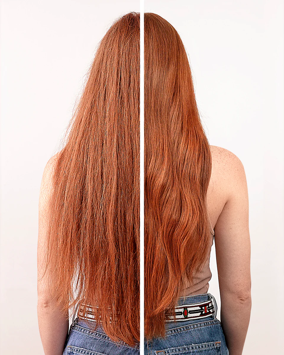 Cheveux roux avant et après soin capillaire.